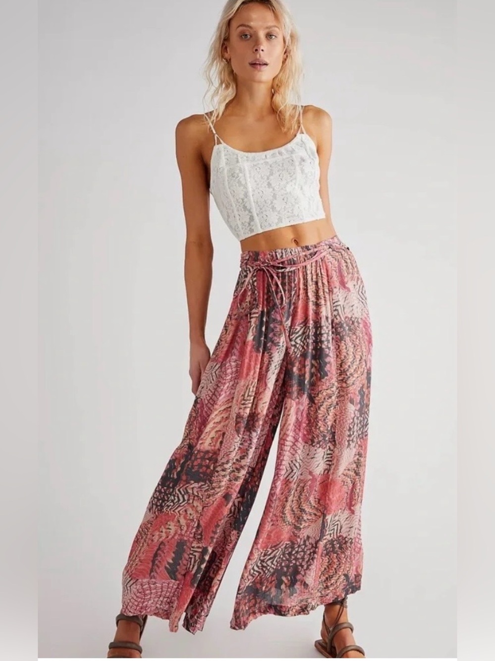 Free People Get Away Wrap Wide-Leg Printed Pants Sz S